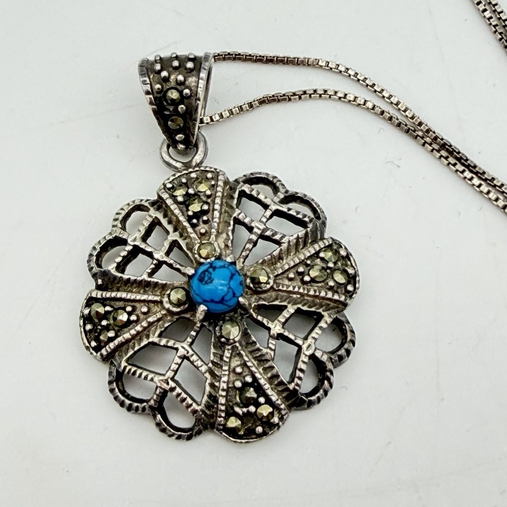 VTG Sterling Silver‎ Turquoise Marcasite Pendant Necklace Italy 18 Inch Estate